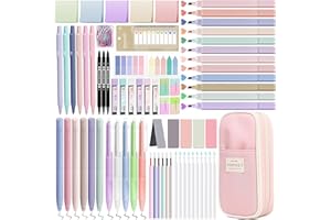 Focxoio 122 PCS Aesthetic Stationery Supplies with Pencil Case, 12 Pastel Highlighters, 11 Gel Pens, 6 Mechanical Pencils Set 0.5 & 0.7 mm and So on for Students Stationery College Essentials, Pink