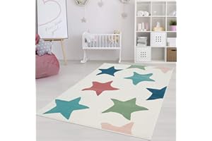 ‎CARPET CITY carpet city Kinderteppich-Läufer Flachflor Inspiration mit Sterne in Pastell Blau Rosa Grün Creme für Kinderzimmer; Größe: 80x300 cm