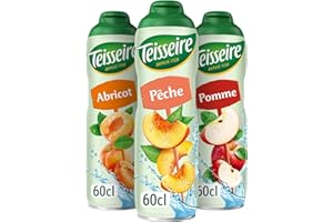 Lot de 3 sirops Teisseire (Pêche, Abricot, Pomme) pour Boisson Rafraîchissante, Cocktails, Bidon Recyclable 3x60cl