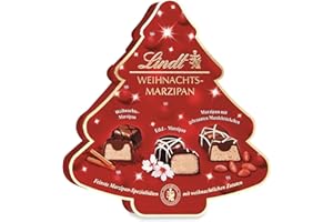 ‎LINDT Lindt Schokolade | Weihnachts-Marzipan Pralinen Tanne | 175g | 18 edle Pralinés in 3 weihnachtlichen Sorten mit Edelmarzipan | festliche Pralinenmischung in edler Verpackung zur Weihnachtszeit