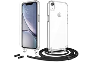Anshow Handykette für iPhone XR Hülle mit Band + 1 Schutzfolie, Robust Necklace Extrem Stoßfest Handyhülle iPhone XR Case Transparent Schutzhülle zum Umhängeband Abnehmbar, Schwarz