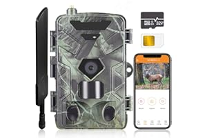 RecorCam 4G Cámara de Caza 4K/30FPS 36MP App con SIM Fototrampeo con Gran Angular de 120° Transmisión de Red Celular Velocidad de Disparo 0.3s con Tarjeta SD de 32 GB, para la vigilancia de la Fauna