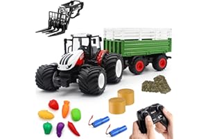 fisca Ferngesteuerter Traktor Spielzeug RC Bauernhof Traktor Set mit Anhänger Frontgabelstapler, 1/24 Scale 2.4Ghz Elektronischer Traktor Bauernhof LKW Fahrzeug Spielzeug mit Licht für Kinder im Alter