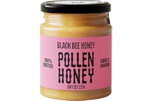 Black Bee Honey - Pure British Spring Raw Honey with Bee Pollen Granules, Soft-Set Unprocessed, Single Source from Hive to Jar, Never Blended - Delicious on Toast or Soothing in Drinks, 227g Glass Jar