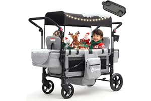 Sekey Bollerwagen Kinder Zwillingsmodus, Bollerwagen Faltbar mit Dach 2 Kinder, Duo Schiebegriff Kinderwagen Doppelsitz mit 2 integrierten 5-Punkt-Gurtsystem, Zwillingskinderwagen (Grau, Premium)