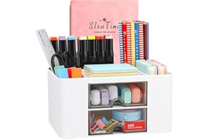 WLEVZZOR Creative & Simple Desk Organiser, 6 Squared Plastic Table Organiser with Drawer, Multifunctional Desk Organiser, Pen Holder for School, Office, Home (White)