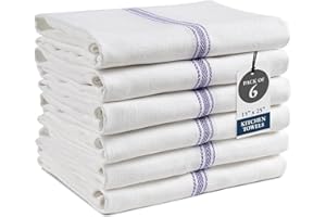 LANE LINEN Kitchen Towels, 6 Pack 14"x25" Dish Drying Towels, 100% Cotton Tea Towel with Hanging Loop, Reusable Napkin, Durable After Multiple Washes, Soft & Absorbent - Blue Stripe