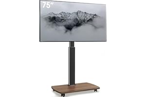 AOKCOS Soporte de TV Ruedas para 43-75 Pulgadas, Giratorio y Ajustable en Altura, Inclinación Soporte de TV Suelo con Base de Madera, MAX VESA 600x400mm 50kg