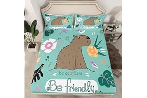 MANFEI Capybara Fitted Sheet Single Size, South America Animal Bedding Set 2pcs for Kids Boys Teens, Tropical Flowers Leaves Birds Bed Cover with 1 Pillowcase, Soft Polyester Bedding