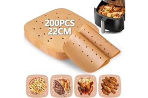 JUINGIO 200 Pezzi Carta forno per Friggitrice ad aria, Fodera di Carta Olio di Silicone, Pergamena Carta da Forno per Padelle, Facile da Pulire, per Air Fryer, Forno, Padelle, Microonde(21.6CM)