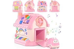 HYES giocattoli per ragazze di 1 anno, Montessori giocattolo, 8 in 1 Multi Funzione casa giocattolo per bambini con musica/auto/orologio/telefono/luce, musicale sensoriale regali per bambino 1-2 anni
