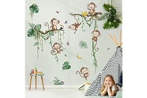 decalmile Adesivi Murali Animali Giungla Scimmia Adesivi da Parete Scimmia Foglie Vite della Foresta Decorazione Murale Asilo Nido Camerette Bambini Camera da Letto