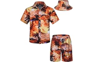 TUNEVUSE Kleine und große Jungen hawaiianisches Hemd und kurzes Set, Sommer bedruckte Kinder Cabina Set mit Hüten
