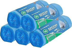 IMBALLAGGI 2000 - Sacchetti Spazzatura 70x110 (110L) in Plastica Riciclata Azzurri, 5 Rotoli x 10 Sacchi Spazzatura Raccolta Differenziata Interno, Tot 50 Sacchetti Tutti Rifiuti Resistenti Rinforzati