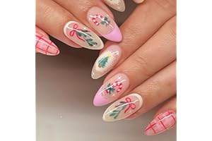 Auroriel 30 Pièces Noël Amande Presse Sur Ongles Français Pointe Rouge Carreaux Avec Sucre Berger Érable Motifs Autocollants Ongles Jolis Hiver Xmas Faux Ongles Pour Manu
