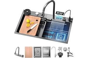 OMGMTSTORE Lavabo de cascada de 80 x 45 cm con pantalla de visualización digital, fregadero de montaje superior, fregadero de cocina de acero inoxidable, multifuncional, para la barra de la casa, con juego