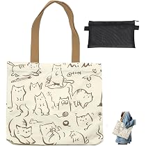 Shopper Tasche Damen Mit Katzen-Print - Große Canvas Tragetasche Mit Reißverschluss & Netz