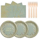 ZblPyro Sage Green Gold Disposable Tableware Birthday for 24 People | 23cm Disposable Plates, Napkins, Wooden Forks, Baby Sho