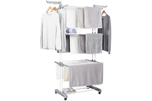 Herzberg HG-8034GRY Séchoir à Linge avec Ailes latérales rabattables sur 3 portemanteau Mobile Gris