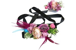 Ever Fairy moda flor cinturones de flores Conjunto de peine de pelo para mujer niña dama de honor vestido de satén, de la pluma tela elástica
