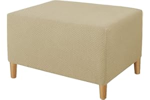 XJHKG Ottoman Footstool Cover, Rectangle Stretch Foot Stool Pouffe Cover Furniture Protector with Elastic Bottom (Beige,Small)