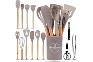 ROANGO'S Utensilios de Cocina de Silicona, 14 Piezas SIN BPA, Utensilios de Cocina Resistentes al Calor, Accesorios Cocina Antiadherentes, Utensilios Hogar y Cocina, Mango de Bambú, Tijeras Cocina Multifunción