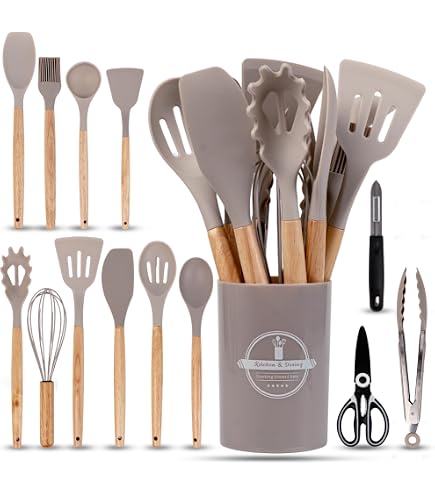 Set Utensili Da Cucina In Silicone San Ignacio Ordea: Mestolo E Spatola, Manico In Legno, Grigio