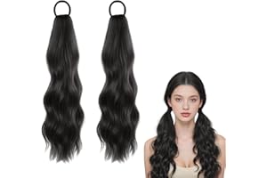 SGQTZDZQ 2 Pcs Ponytail Extension Human Hair, Wavy Pony Tail Extensions, Black Clip in Ponytail Hair Extensions Hairpieces for Women (Natural black)