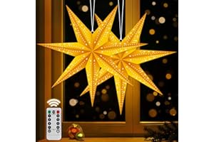 FIMUN Christmas Star Illuminated LED 60 cm Pack of 2 Paper Stars Christmas Paper Star Illuminated for Hanging with Remote Control Luminous Star Window 3D Star with Lighting for Christmas Decoration Indoor