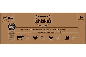 WHISKAS Adult 1+ Katzenfutter nass - ab 1 Jahr - 84x85g Portionsbeutel - Klassische Auswahl in Sauce - Katzen Nassfutter - Großpackung