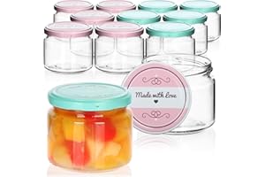 COM-FOUR® 12x bocaux de conservation avec couvercle à vis "Made with love" en vert et rose - TO Ø 82 mm - quantité de remplissage recommandée env. 260 ml - jusqu'au bord du verre : env. 330 ml