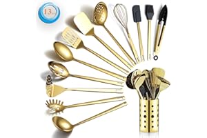 Berglander Ensemble d'ustensiles de cuisine en acier inoxydable or 13 pièces avec placage en or titane, ensemble d'outils de cuisine avec porte-ustensiles, va au lave-vaisselle, facile à nettoyer