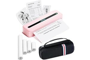 POKELABEL Petite Imprimante Thermique Portable Sans Fil A4, 300dpi 2600mAh Imprimante Bluetooth Sans Encre pour Papier Thermique 216/210/110/80/53mm (Rose, 1 imprimante + 4 rouleau de papier thermique)
