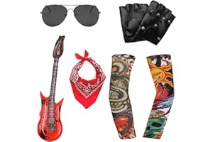 Bulivora 7Pcs Rockstar Costume Set – 80s Heavy Metal Fancy Dress Kit with Wig, Bandana, Glasses, Gloves & Accessories for Kids & Adults