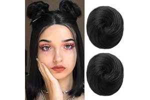 REECHO Space Bun Hair Pieces, 2 PCS Mini Claw Clip in Messy & Cat Ears Fake Hair Bun Extensions Wig Accessory Updo Hairpieces for Women Girls (Pack of 2-3" Straight, Natural Black)