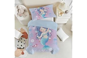 DJDEA Mermaid Cot Bed Duvet Cover Set 120x150cm, Children Girls Toddler Bedding Set Cute Mermaid Pattern Design Blue Soft Microfibre Bedding Quilt Cover with Matching Pillowcase 40x60cm