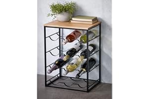 UK ONLINE DEALS Large Stylish Shelves Wine Rack 12 Bottles Holder Black Metal Frame with Oak Finish Top | Wine Rack Table | 4 Tier Home Bar Unit | Heavy Duty Drinks Cabinets | W40 x D26 x H60 cm