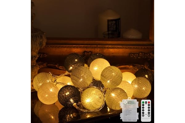 Ciskotu Guirlande Lumineuse Coton Boules Alimenté par pile, 20 LED Dimmable Guirlande Lumineuse Boule avec Télécommande, LED Guirlande Boule Lumineuse Intérieur pour Chambre Enfant Noël Fête (Gris)