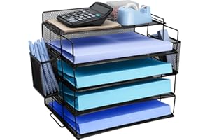 TSDRBWO 4 Livelli A4 Organizer Scrivania Ufficio Con Vassoio Di Carta Impilabile, Porta Documenti Ufficio Scrivania Rete Metallica Per Porta Documenti con Portapenne, Portadocumenti Con Vassoio Per Scuola
