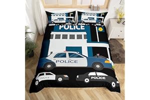 HOMEWISH Set di biancheria da letto per bambini con auto della polizia, per ragazzi, con copripiumino e 1 federa, decorazione per camera da letto, colore: blu e grigio