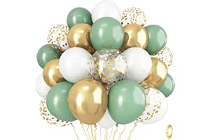 ISNDARE Sage Green and Gold Balloons - 12 Inch Olive Green, White Metallic Gold Confetti Latex Balloons Set for Girls Women Birthday Wedding Jungle Baby Shower Party Decorations