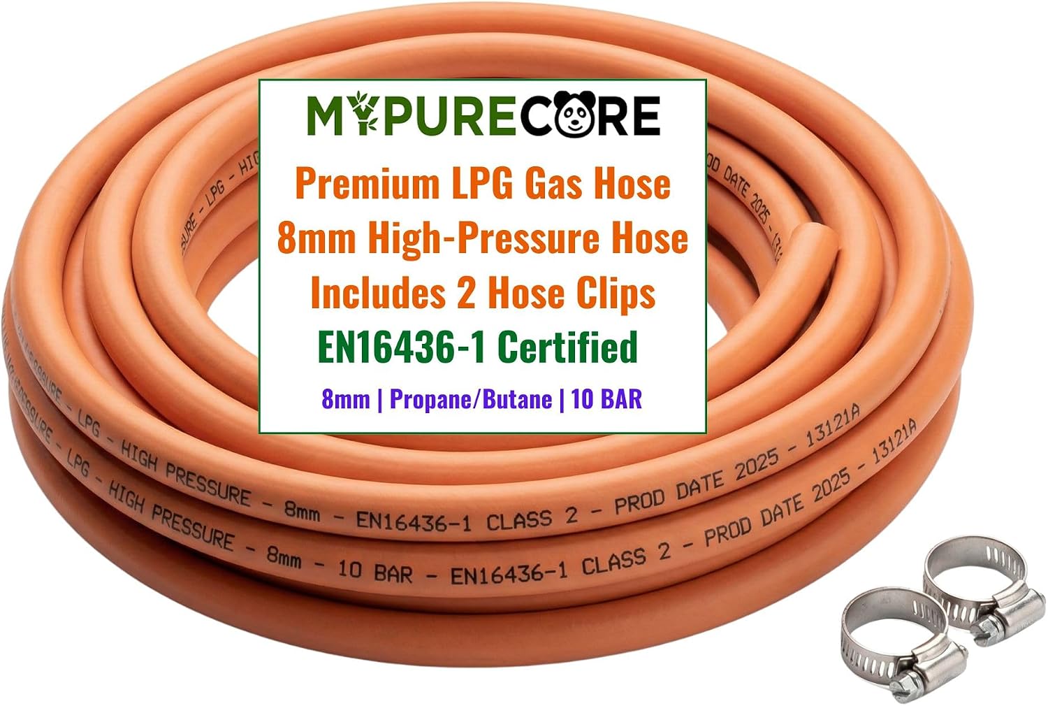 MYPURECORE 8mm LPG Gas Hose Pipe with 2 Clips – EN16436-1 High Pressure Propane & Butane Gas Hose for BBQ, Patio Heater, Caravan, Camping Cooker & Gas Bottle – Orange LPG Hose (3m (8mm))
