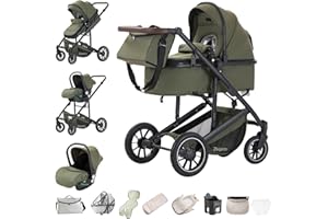 Zkiprm 3-in-1 Pushchair Travel System, Pushchair and Car Seat Combination, Pram with Height-Adjustable Handle, with Frost and Sun-Proof Gloves, Travel Pram with Aluminium Frame for Newborns 0-4 Years
