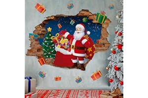 KAIRNE 3D Santa Claus Wall Stickers,Merry Christmas Wall Decals,Happy New Year Quotes Stickers,Christmas Mistletoe Stars Fireworks Candle Snowflake Wall Art for Christmas Party
