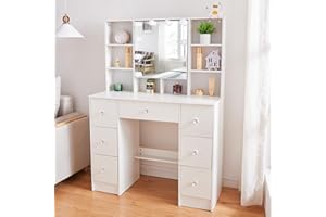 Aovquof Dressing Table with Mirror, 140×100×40cm Vanity Table with Hollywood Mirror, LED Lights with Adjustable Brightness, 7 Drawers and 6 Shelves, Modern Makeup Table, Crystal Handle