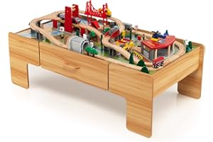 DREAMADE Ensemble Table Circuit de Train Enfants en Bois avec 100 Pièces Multicolores,Table Réversible d’Activités 2 en 1 avec Tiroir,Jeux Rails Construction et Jouets Educatifs Enfants de 3 Ans +