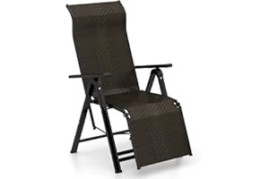 COSTWAY Leżak rattanowy, składany leżak z regulowanym oparciem, krzesło ogrodowe z funkcją leżenia, leżak ogrodowy z podłokietnikami, leżak z wysokim oparciem, składany leżak do ogrodu, na taras