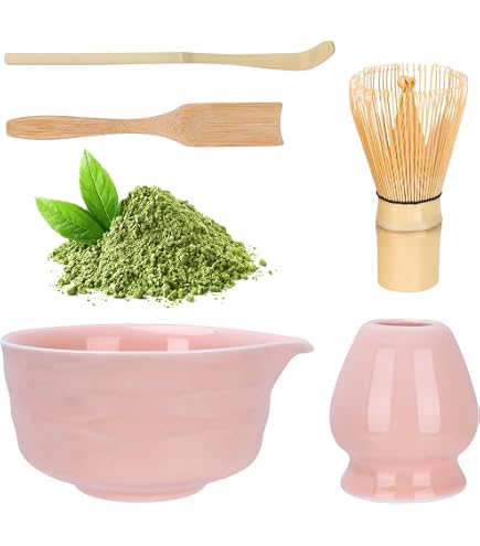 Set Matcha Rose – 5 Pièces (bol, Fouet, Passoire, Cuillère, Support) – Céramique Et Bambou – Pour Cérémonie Du Thé – Idée Cadeau - 5