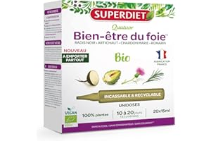 SUPERDIET-QUATUOR DIGESTION BIO-Bien-être du foie-Radis Noir Artichaut Chardon Marie Romarin-Format nomade- 20 Unidoses de 15 ml