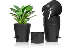 ‎T4U T4U 16.5 cm Plastic Flower Pot with Watering System, Set of 6 Self-Watering Planters with Saucer, Round Plant Pot for Indoor and Balcony Garden Plants Succulents Cactus, Black